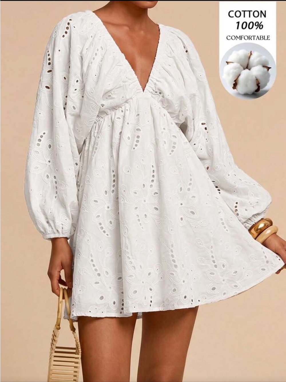Boho White Eyelet V-Neck Cotton Mini Dress